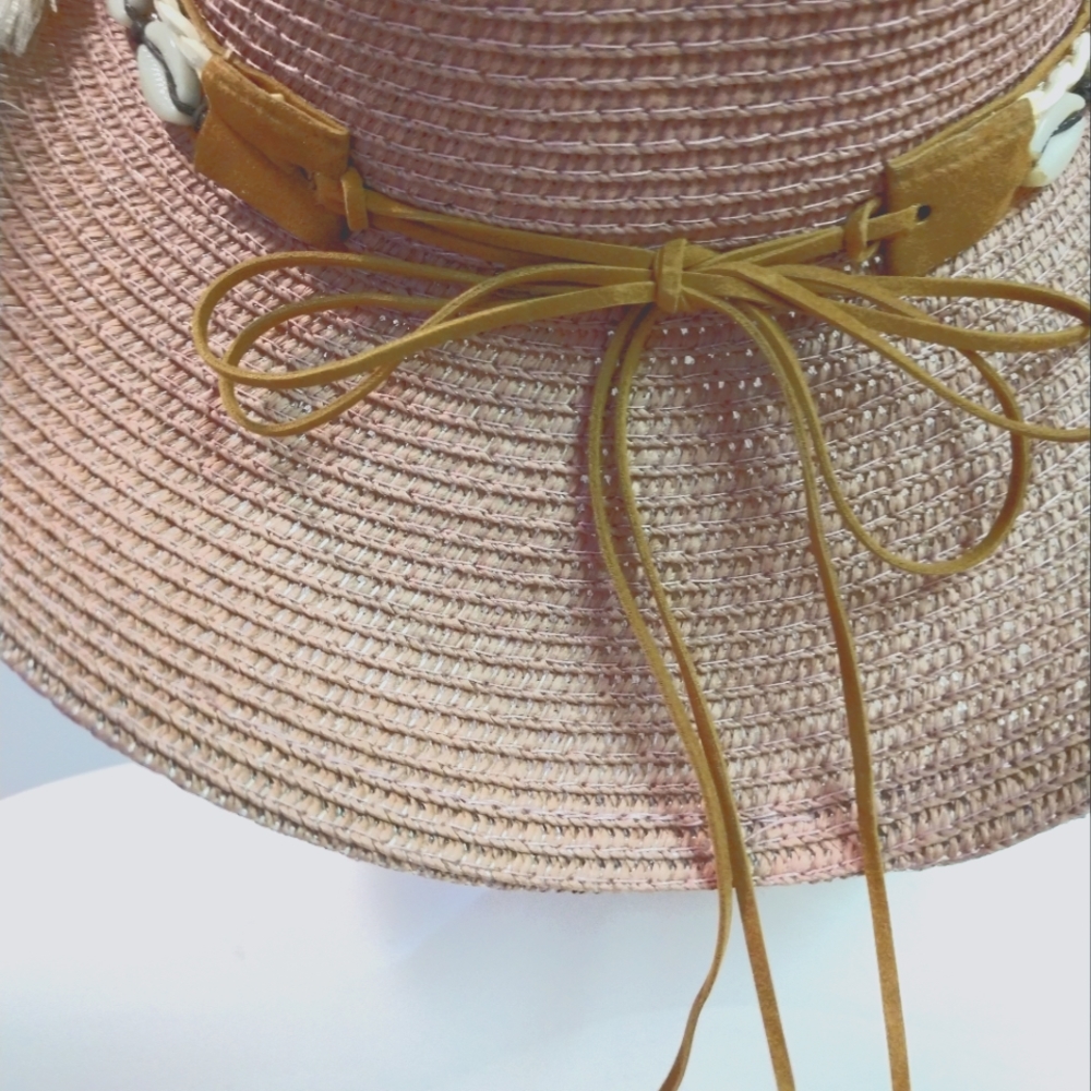 Unisex Woven Western Straw Beach Sun Hat Cowrie Cowry Shells Tassels Folds Mauve - Picture 8 of 9